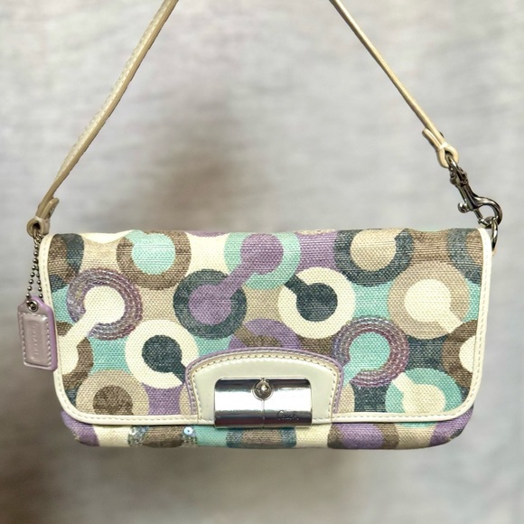 Coach Kristin OP Art C Lavender Multicolor Sequined Handbag / Wristlet - 9” x 5” - Picture 1 of 14